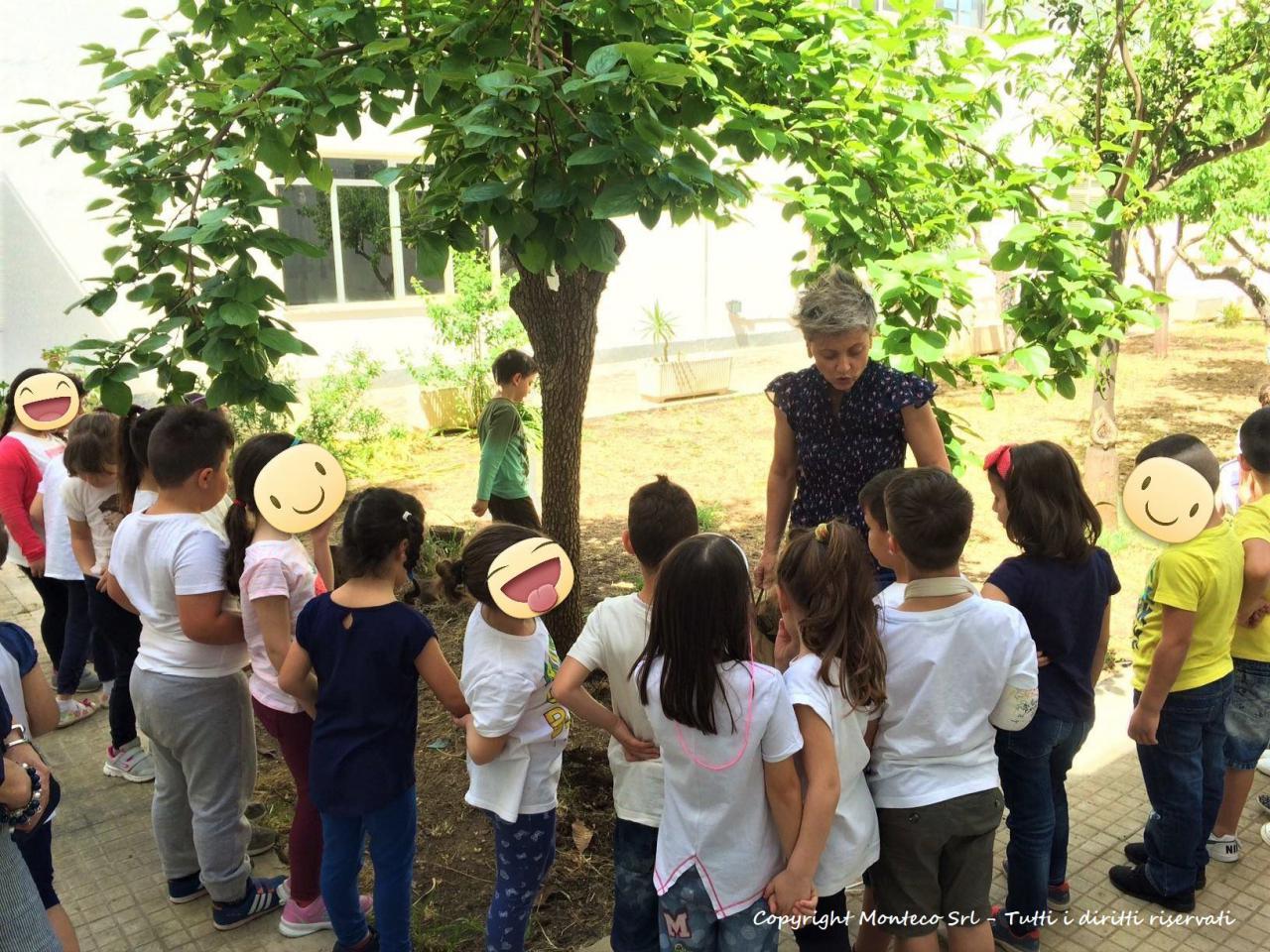 Bambini in cerchio che ascoltano la lezione in giardino